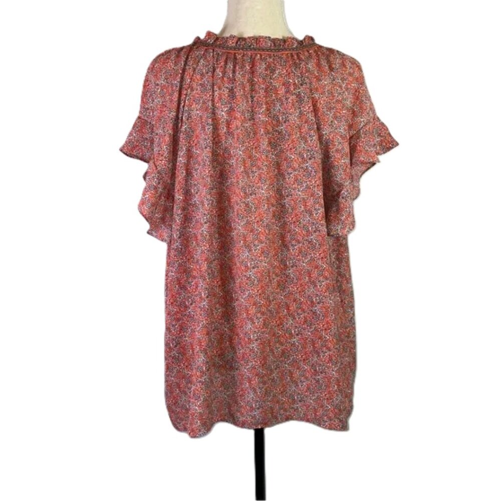 Max Studio Flutter Short Sleeve Top Red Coral Floral Relaxed Fit Size 1X - Picture 3 of 8